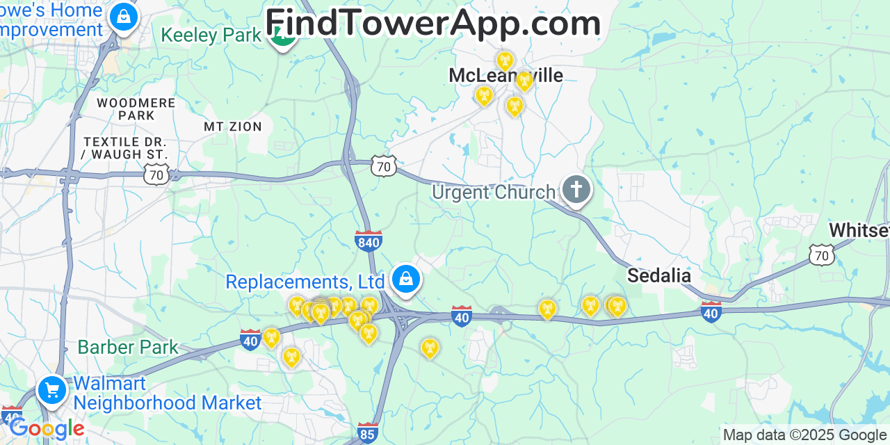 Map showing the 25 primary Verizon cell tower locations detected in Mcleansville, North Carolina with coverage radius and signal strength indicators