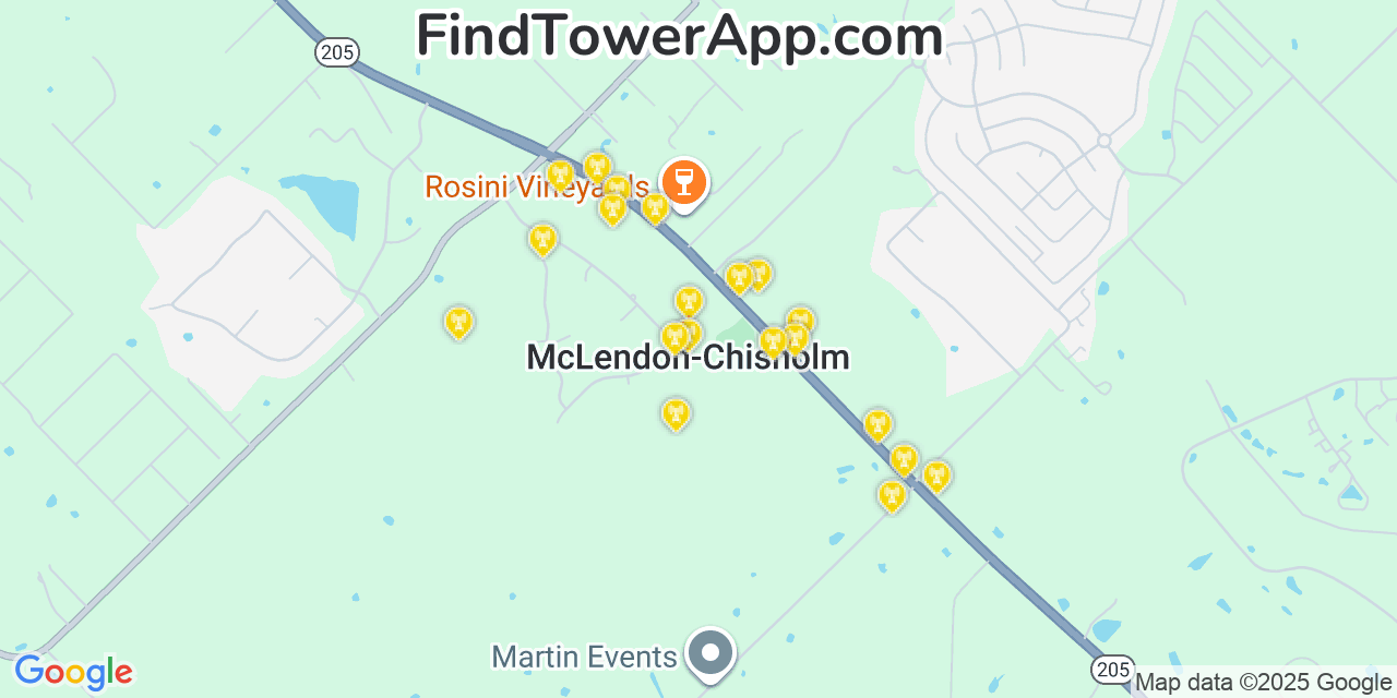 Map showing the 20 primary AT&T cell tower locations detected in Mclendon Chisholm, Texas with coverage radius and signal strength indicators