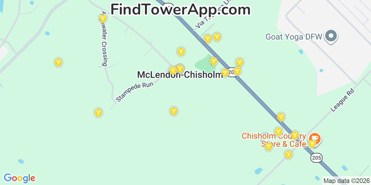 Map showing the 20 primary cell tower locations detected in Mclendon Chisholm, Texas from AT&T, Verizon, and T-Mobile networks