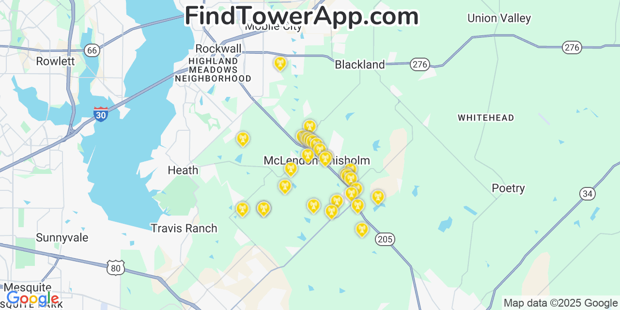 Map showing the 30 primary T-Mobile cell tower locations detected in Mclendon Chisholm, Texas with coverage radius and signal strength indicators