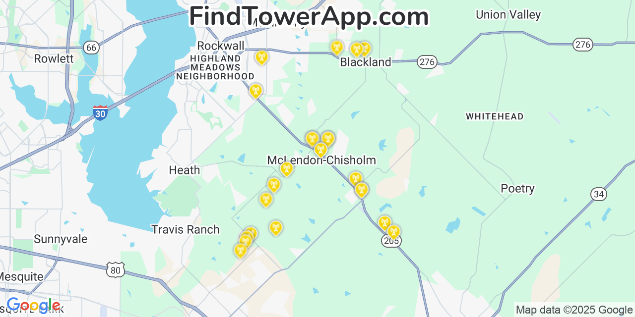 Map showing the 23 primary Verizon cell tower locations detected in Mclendon Chisholm, Texas with coverage radius and signal strength indicators
