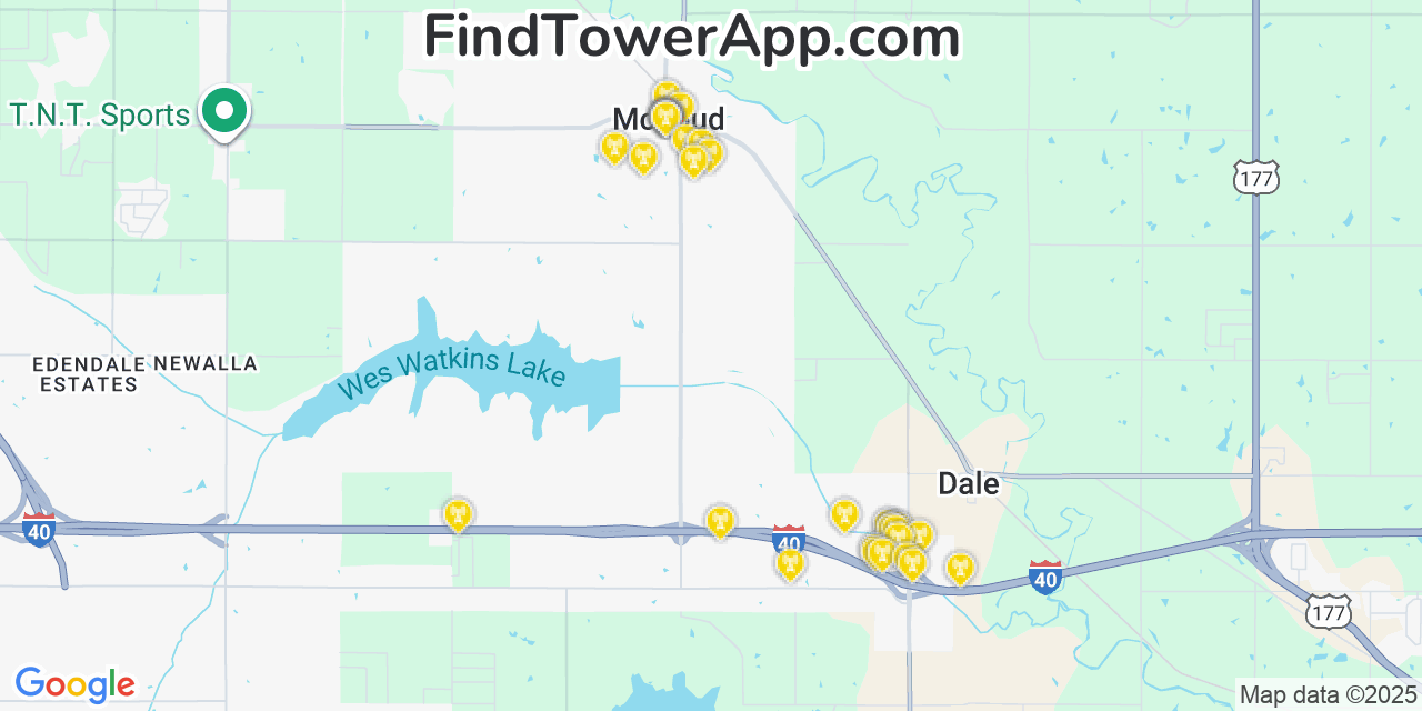 Map showing the 32 primary AT&T cell tower locations detected in Mcloud, Oklahoma with coverage radius and signal strength indicators