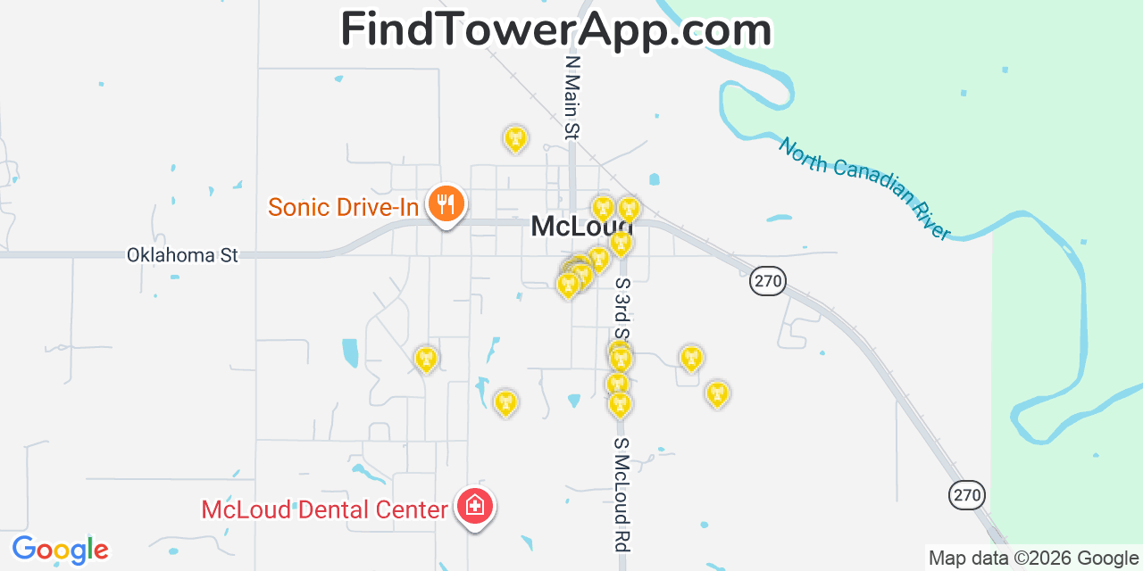 Map showing the 20 primary cell tower locations detected in Mcloud, Oklahoma from AT&T, Verizon, and T-Mobile networks