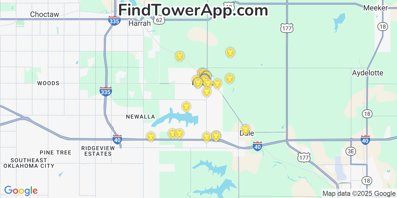 Map showing the 33 primary T-Mobile cell tower locations detected in Mcloud, Oklahoma with coverage radius and signal strength indicators