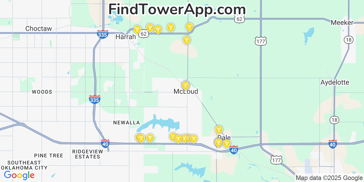 Map showing the 21 primary Verizon cell tower locations detected in Mcloud, Oklahoma with coverage radius and signal strength indicators