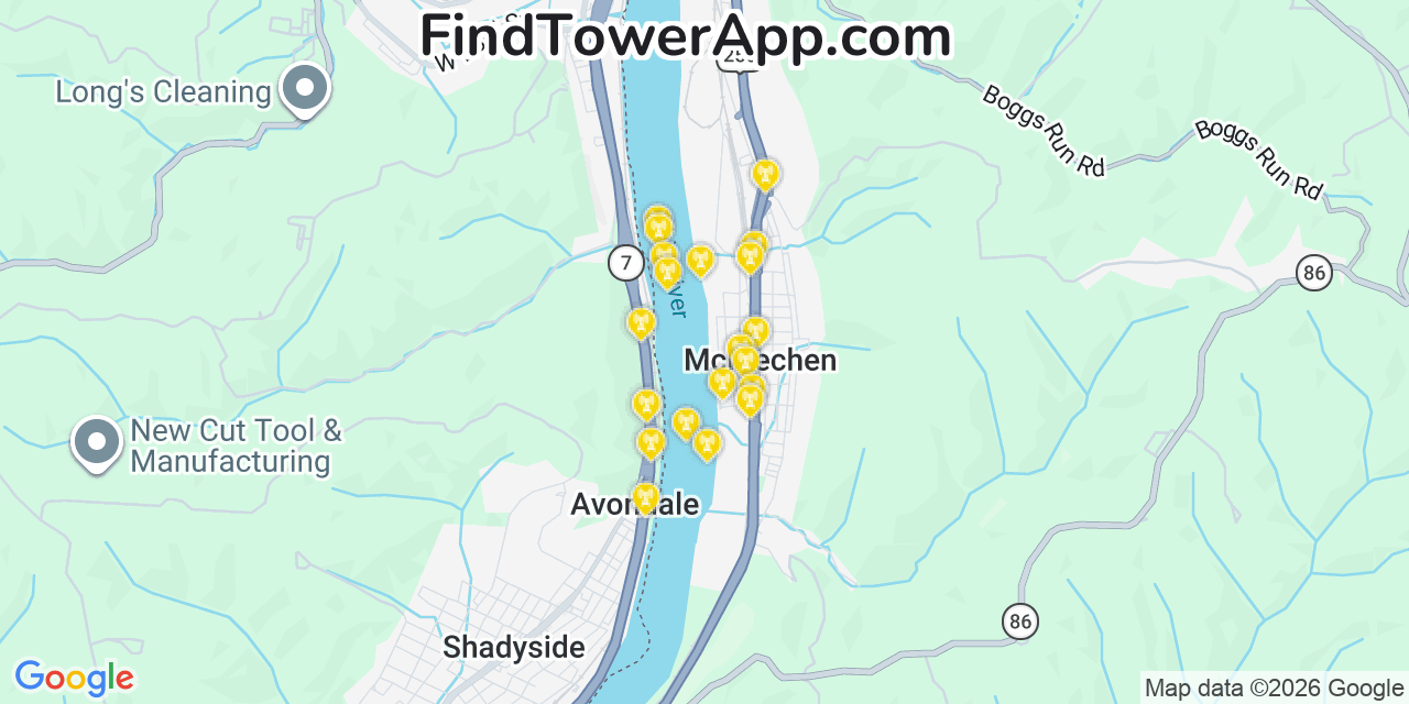 Map showing the 20 primary cell tower locations detected in Mcmechen, West Virginia from AT&T, Verizon, and T-Mobile networks