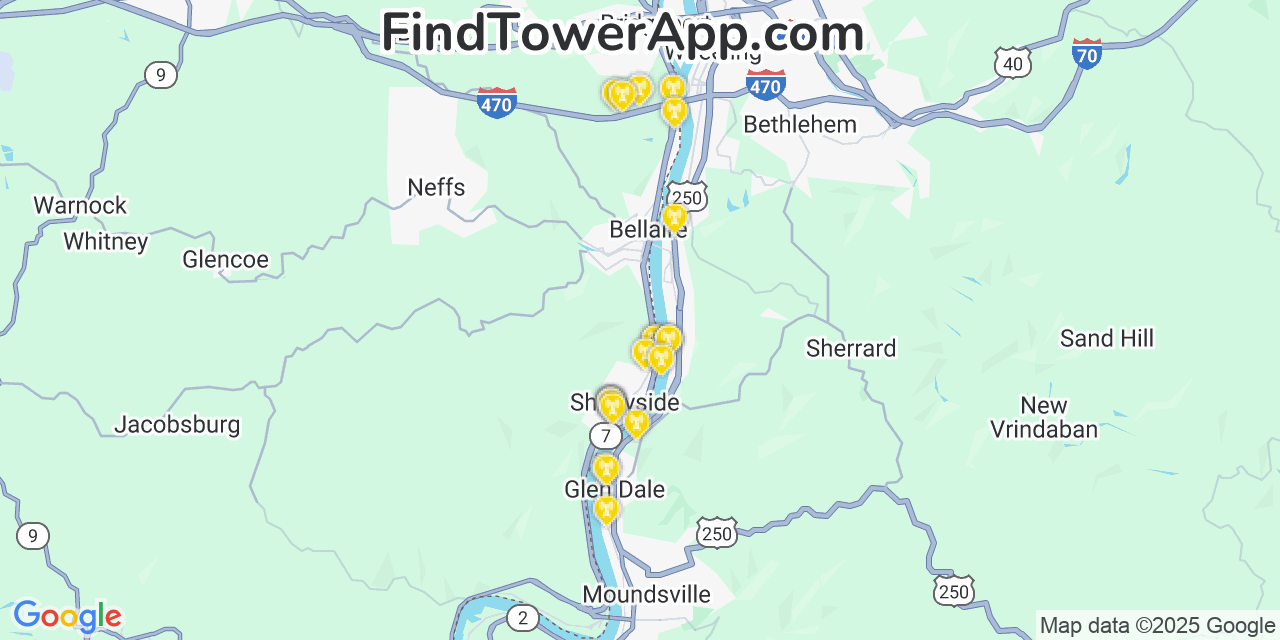 Map showing the 22 primary T-Mobile cell tower locations detected in Mcmechen, West Virginia with coverage radius and signal strength indicators