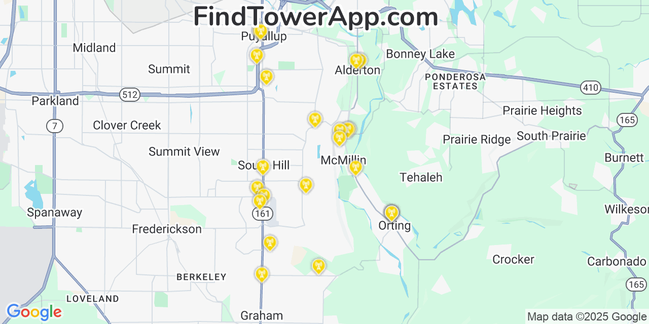 Map showing the 26 primary AT&T cell tower locations detected in Mcmillin, Washington with coverage radius and signal strength indicators
