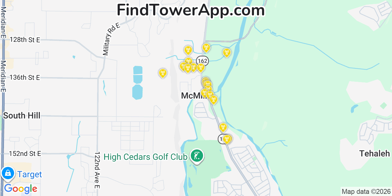Map showing the 20 primary cell tower locations detected in Mcmillin, Washington from AT&T, Verizon, and T-Mobile networks