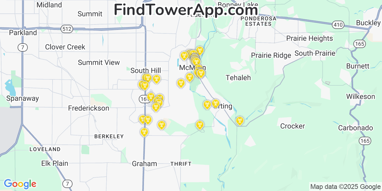 Map showing the 36 primary T-Mobile cell tower locations detected in Mcmillin, Washington with coverage radius and signal strength indicators