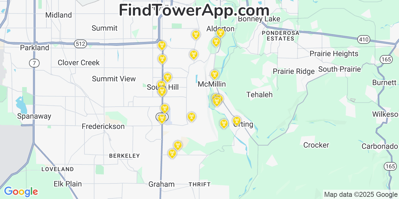 Map showing the 22 primary Verizon cell tower locations detected in Mcmillin, Washington with coverage radius and signal strength indicators