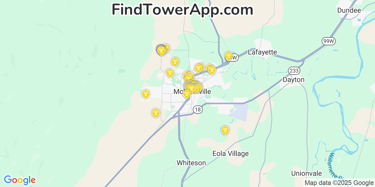 Map showing the 38 primary AT&T cell tower locations detected in Mcminnville, Oregon with coverage radius and signal strength indicators