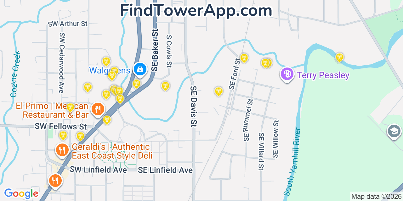 Map showing the 20 primary cell tower locations detected in Mcminnville, Oregon from AT&T, Verizon, and T-Mobile networks