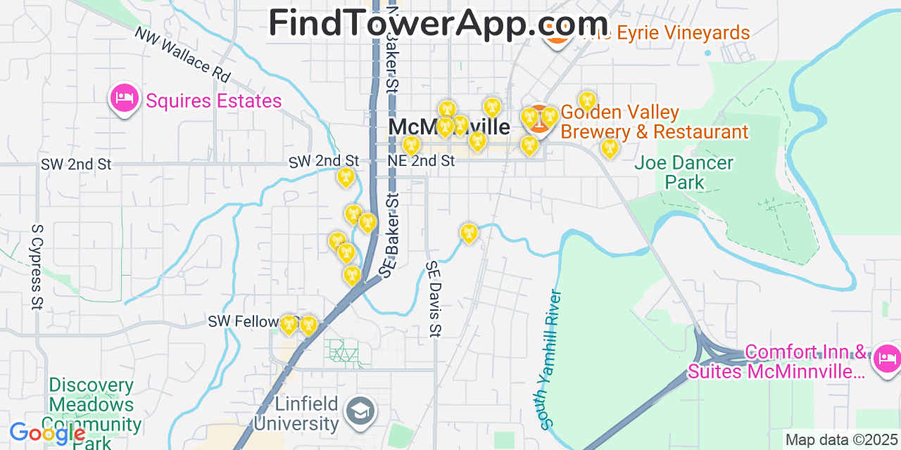 Map showing the 20 primary T-Mobile cell tower locations detected in Mcminnville, Oregon with coverage radius and signal strength indicators