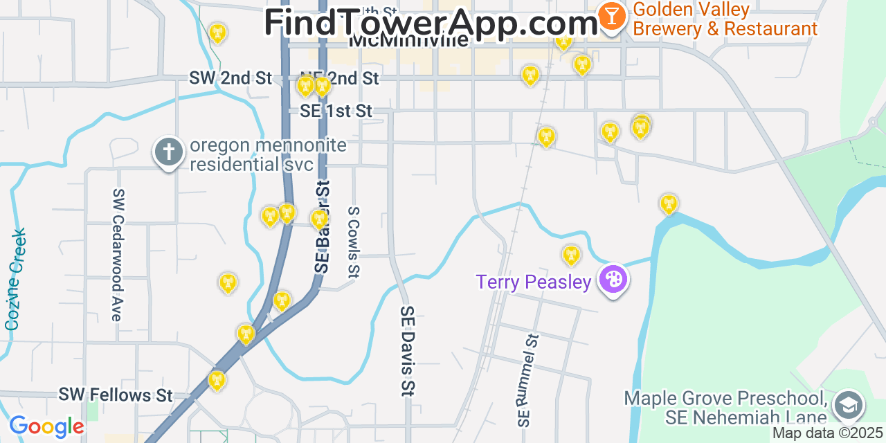 Map showing the 20 primary Verizon cell tower locations detected in Mcminnville, Oregon with coverage radius and signal strength indicators