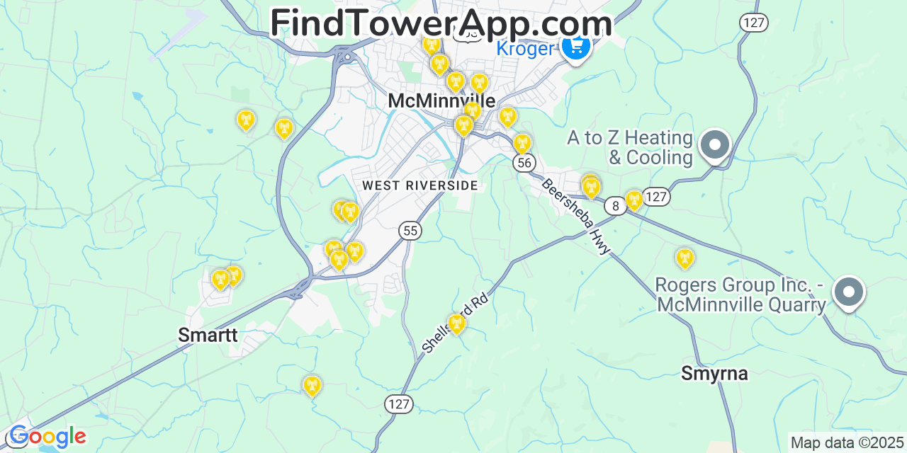 Map showing the 27 primary AT&T cell tower locations detected in Mcminnville, Tennessee with coverage radius and signal strength indicators