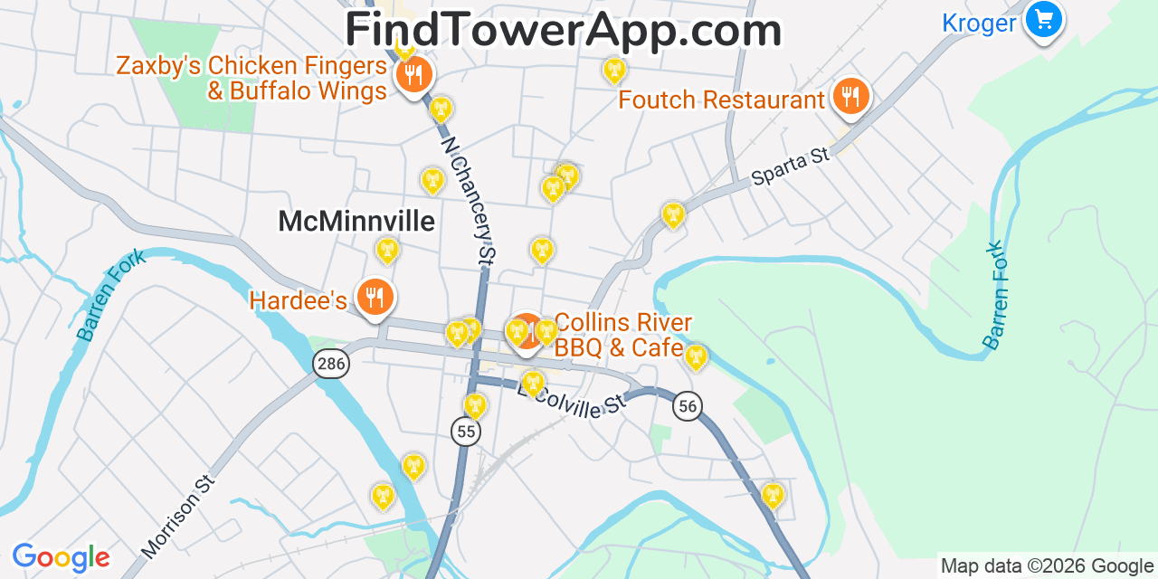 Map showing the 20 primary cell tower locations detected in Mcminnville, Tennessee from AT&T, Verizon, and T-Mobile networks