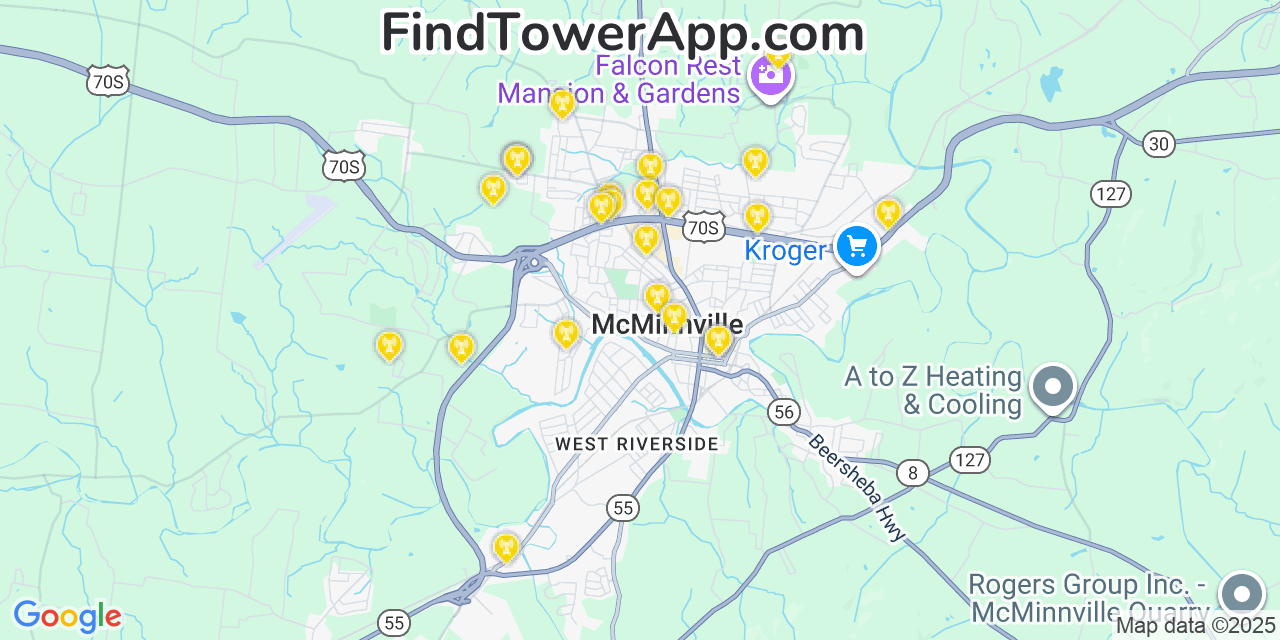 Map showing the 22 primary T-Mobile cell tower locations detected in Mcminnville, Tennessee with coverage radius and signal strength indicators