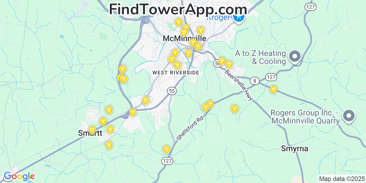 Map showing the 25 primary Verizon cell tower locations detected in Mcminnville, Tennessee with coverage radius and signal strength indicators