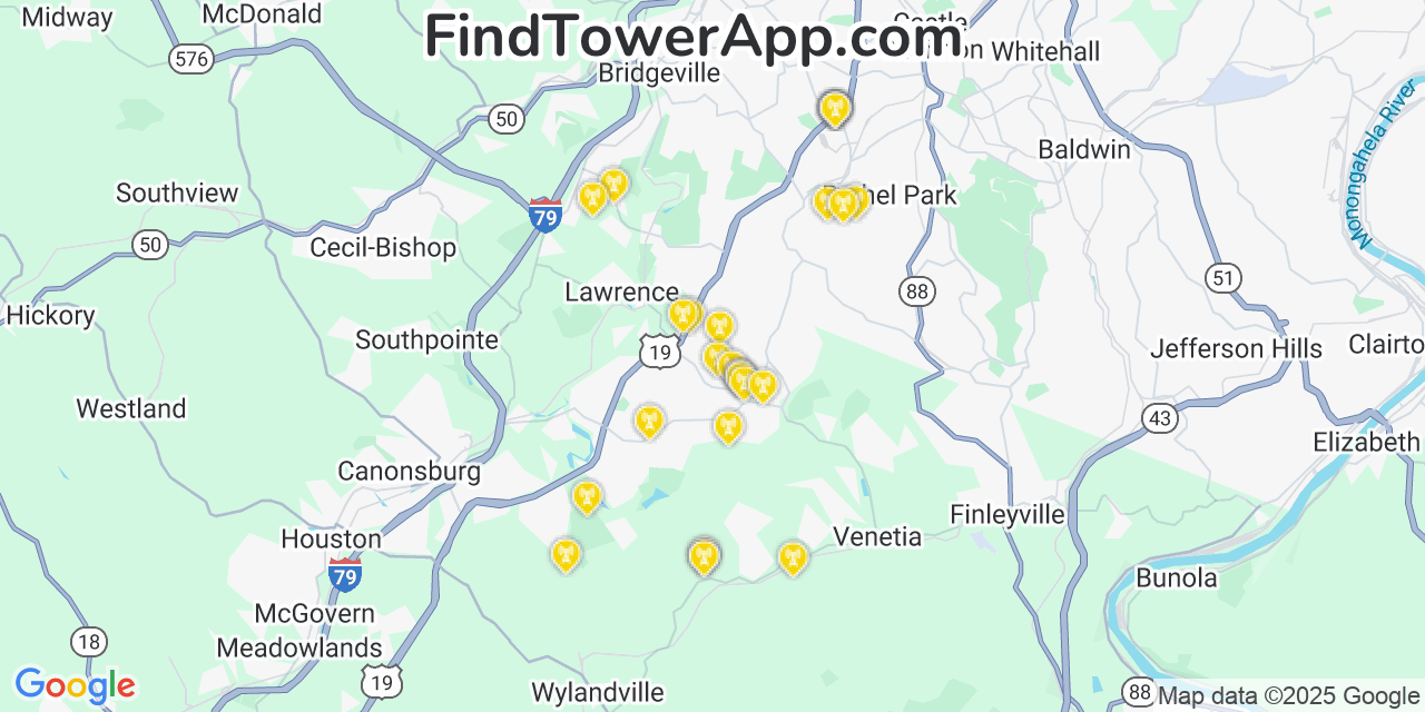 Map showing the 29 primary AT&T cell tower locations detected in Mcmurray, Pennsylvania with coverage radius and signal strength indicators