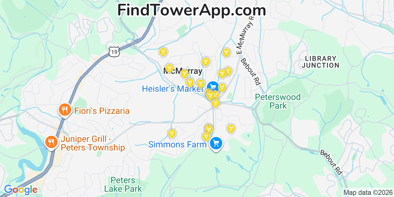 Map showing the 20 primary cell tower locations detected in Mcmurray, Pennsylvania from AT&T, Verizon, and T-Mobile networks