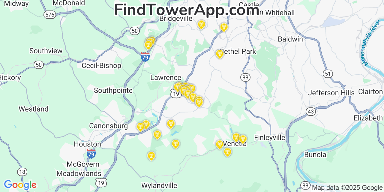 Map showing the 30 primary T-Mobile cell tower locations detected in Mcmurray, Pennsylvania with coverage radius and signal strength indicators