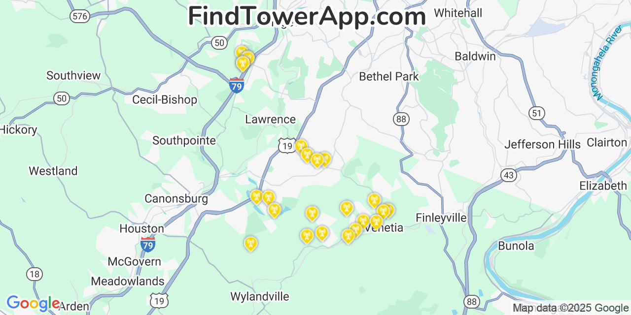 Map showing the 25 primary Verizon cell tower locations detected in Mcmurray, Pennsylvania with coverage radius and signal strength indicators