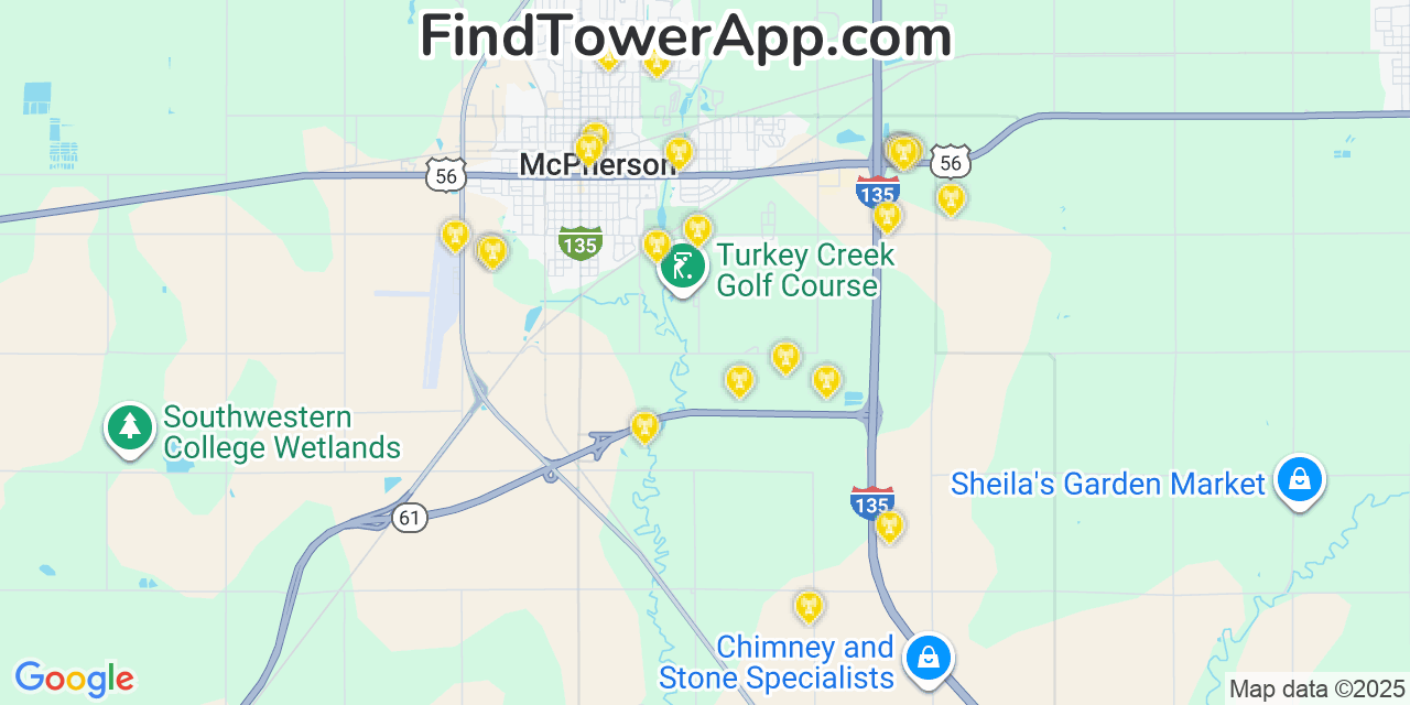 Map showing the 26 primary AT&T cell tower locations detected in Mcpherson, Kansas with coverage radius and signal strength indicators