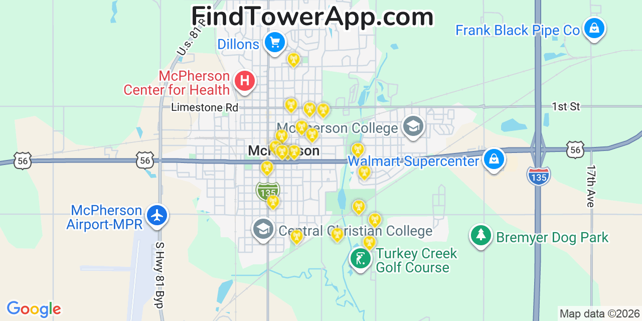 Map showing the 20 primary cell tower locations detected in Mcpherson, Kansas from AT&T, Verizon, and T-Mobile networks