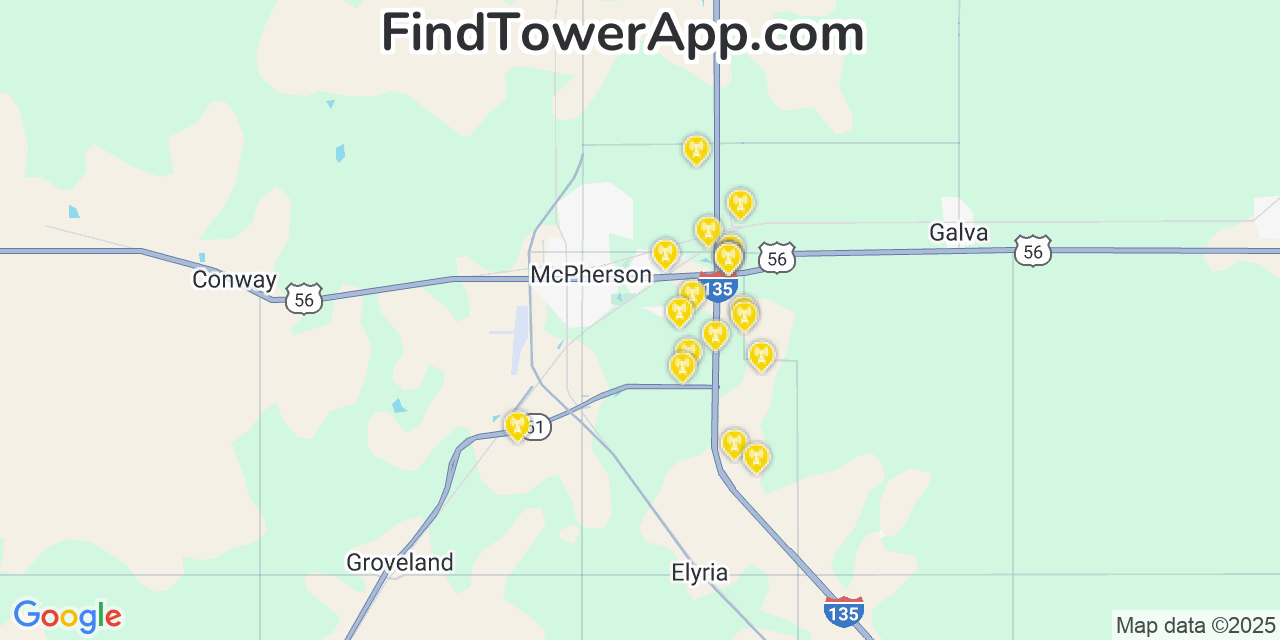 Map showing the 20 primary T-Mobile cell tower locations detected in Mcpherson, Kansas with coverage radius and signal strength indicators