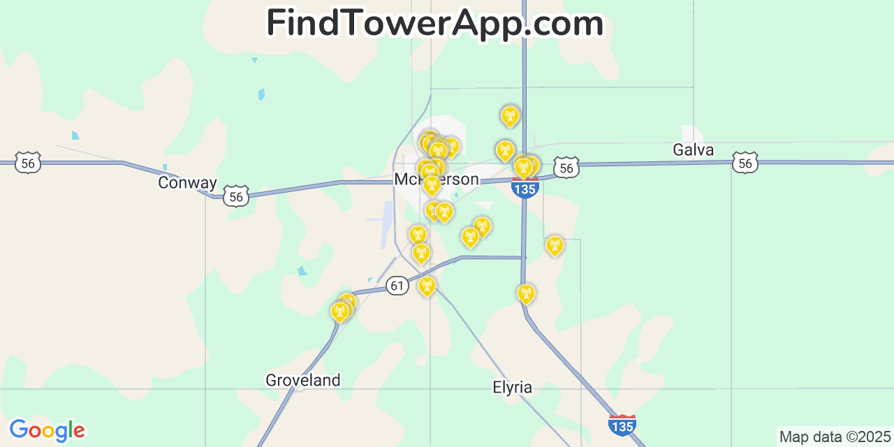 Map showing the 27 primary Verizon cell tower locations detected in Mcpherson, Kansas with coverage radius and signal strength indicators