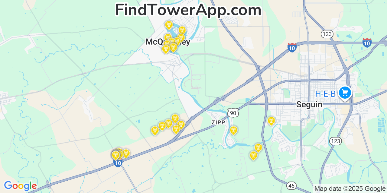 Map showing the 30 primary AT&T cell tower locations detected in Mcqueeney, Texas with coverage radius and signal strength indicators
