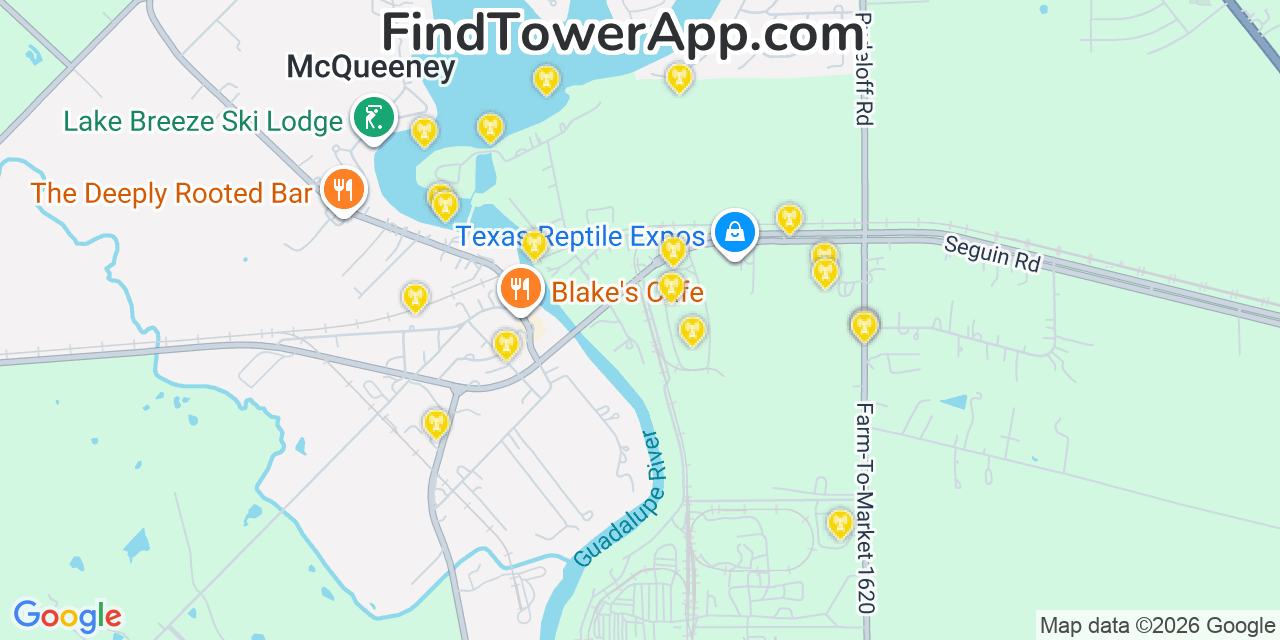 Map showing the 20 primary cell tower locations detected in Mcqueeney, Texas from AT&T, Verizon, and T-Mobile networks