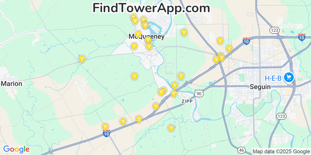Map showing the 28 primary T-Mobile cell tower locations detected in Mcqueeney, Texas with coverage radius and signal strength indicators