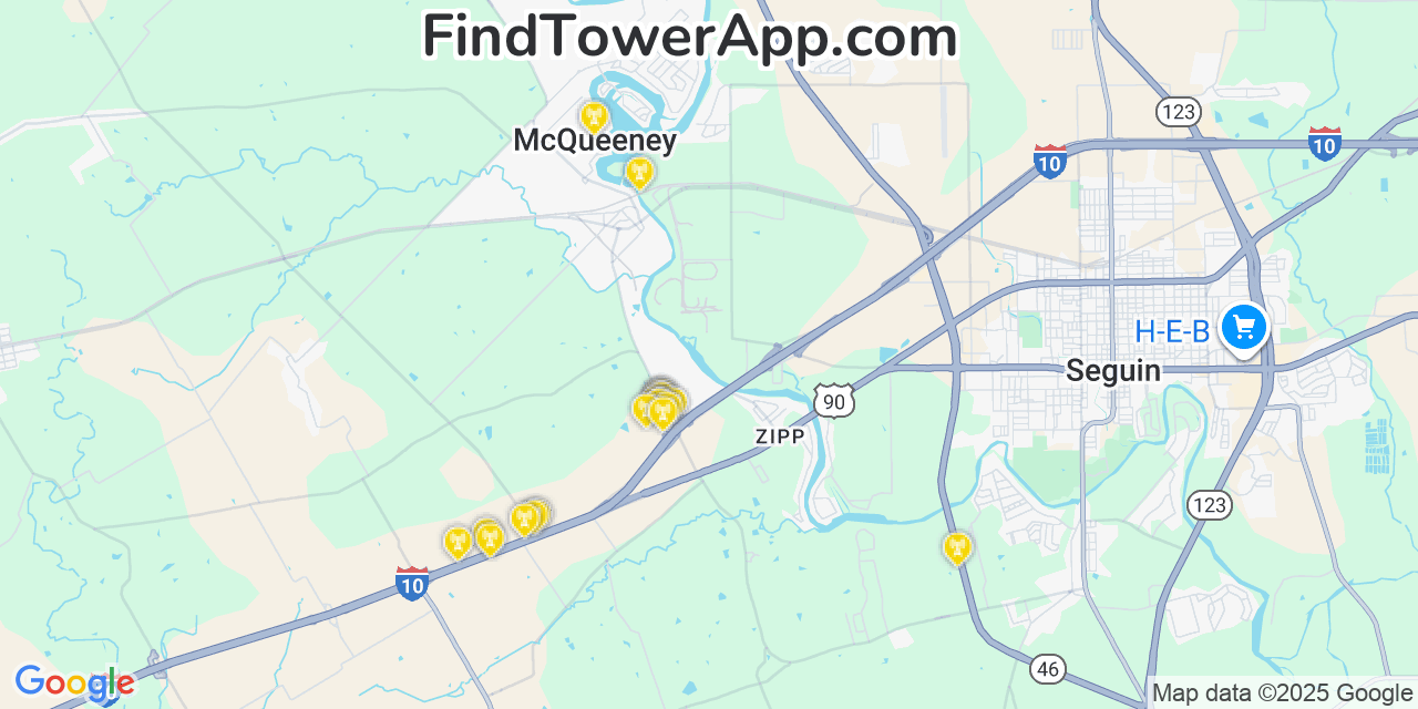 Map showing the 22 primary Verizon cell tower locations detected in Mcqueeney, Texas with coverage radius and signal strength indicators