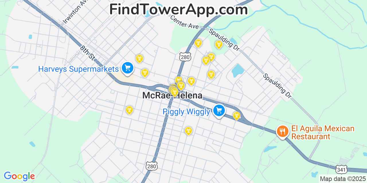 Map showing the 20 primary AT&T cell tower locations detected in Mcrae, Georgia with coverage radius and signal strength indicators