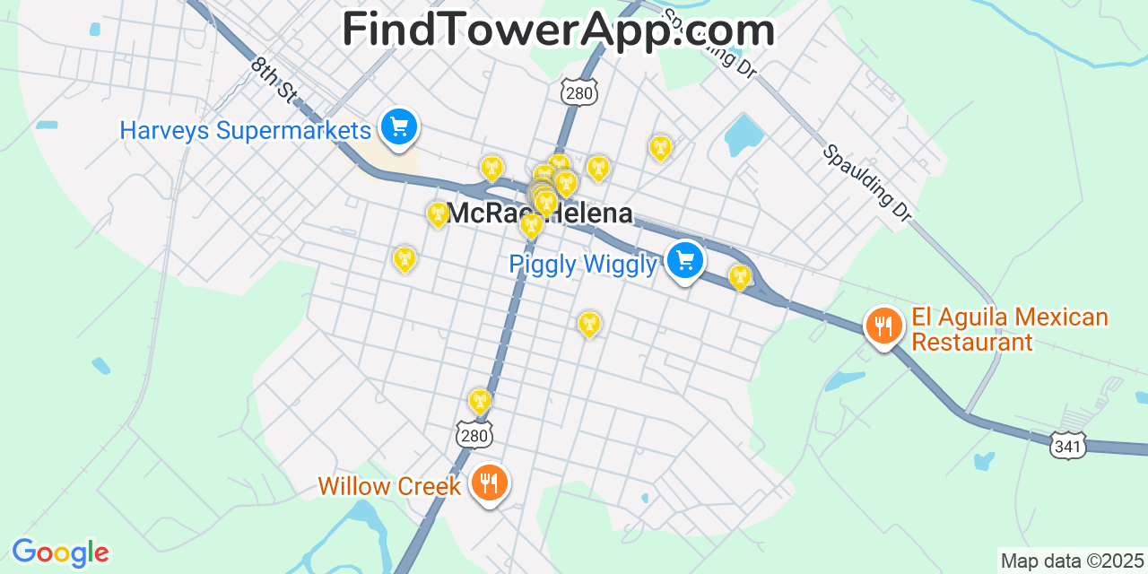 Map showing the 20 primary cell tower locations detected in Mcrae, Georgia from AT&T, Verizon, and T-Mobile networks