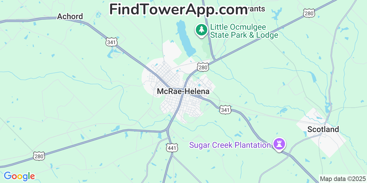 Map showing the 20 primary Mobitel cell tower locations detected in Mcrae, Georgia with coverage radius and signal strength indicators