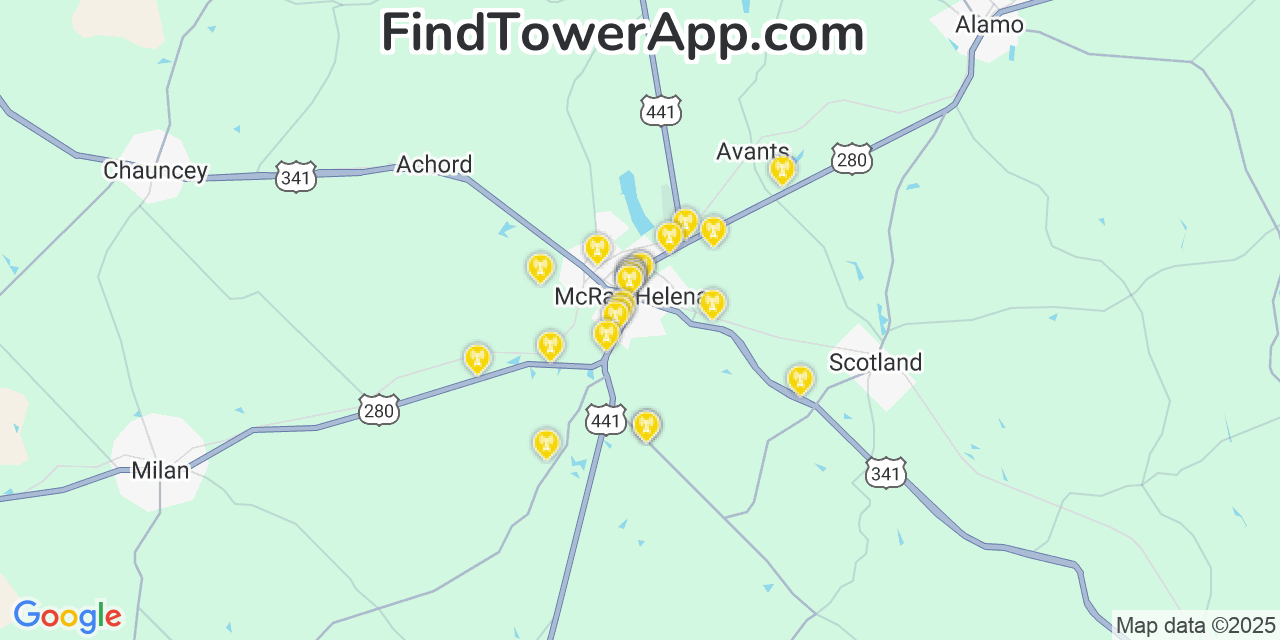 Map showing the 25 primary T-Mobile cell tower locations detected in Mcrae, Georgia with coverage radius and signal strength indicators