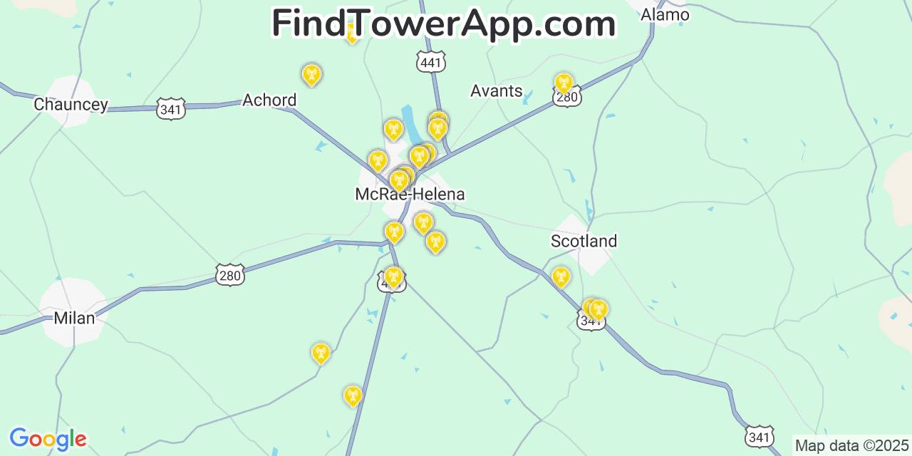 Map showing the 36 primary Verizon cell tower locations detected in Mcrae, Georgia with coverage radius and signal strength indicators