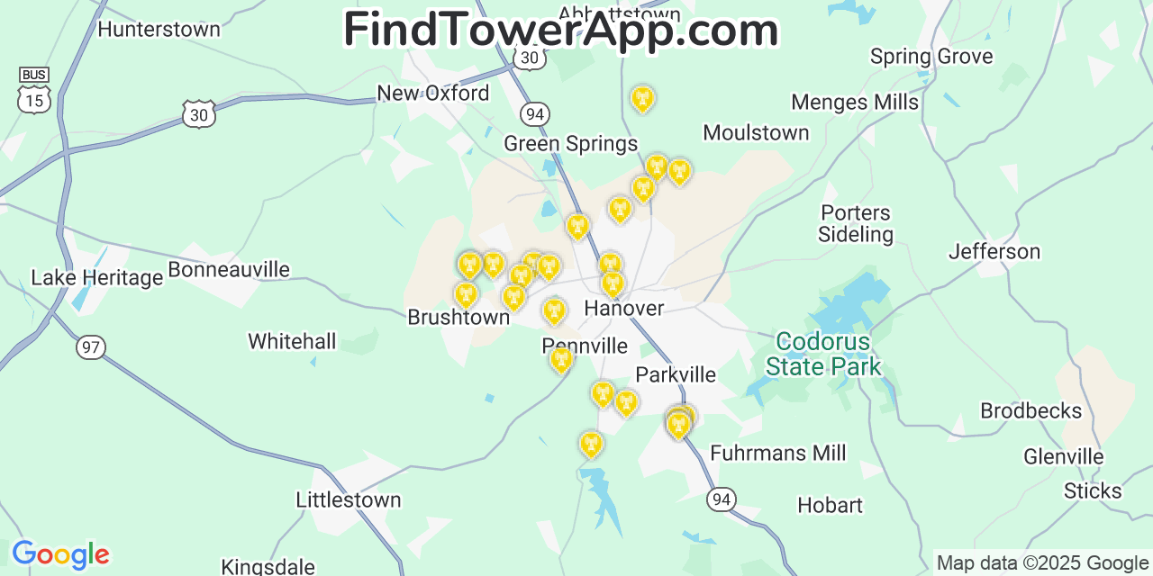 Map showing the 25 primary AT&T cell tower locations detected in Mcsherrystown, Pennsylvania with coverage radius and signal strength indicators