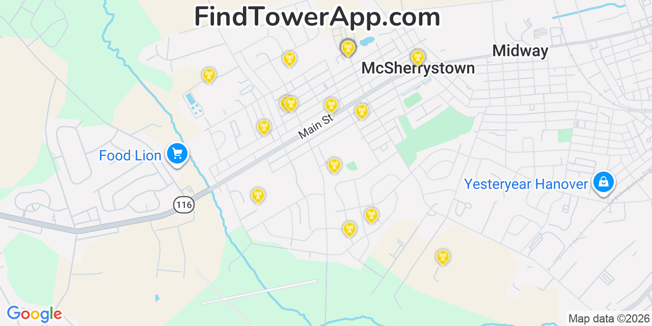 Map showing the 20 primary cell tower locations detected in Mcsherrystown, Pennsylvania from AT&T, Verizon, and T-Mobile networks