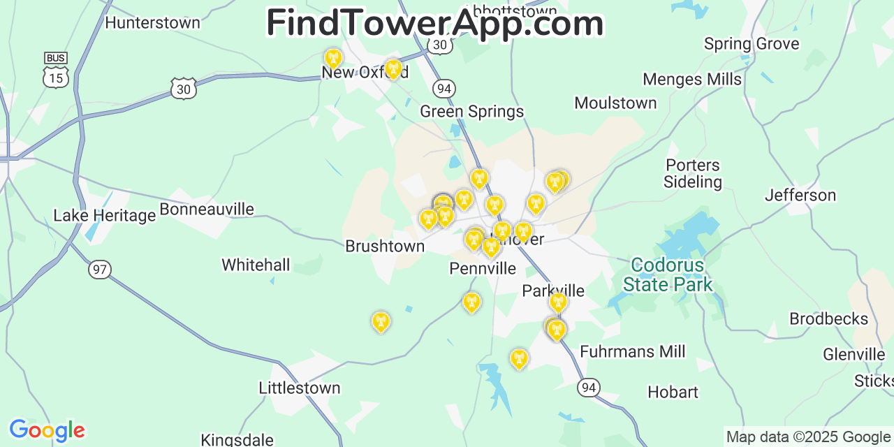 Map showing the 28 primary T-Mobile cell tower locations detected in Mcsherrystown, Pennsylvania with coverage radius and signal strength indicators