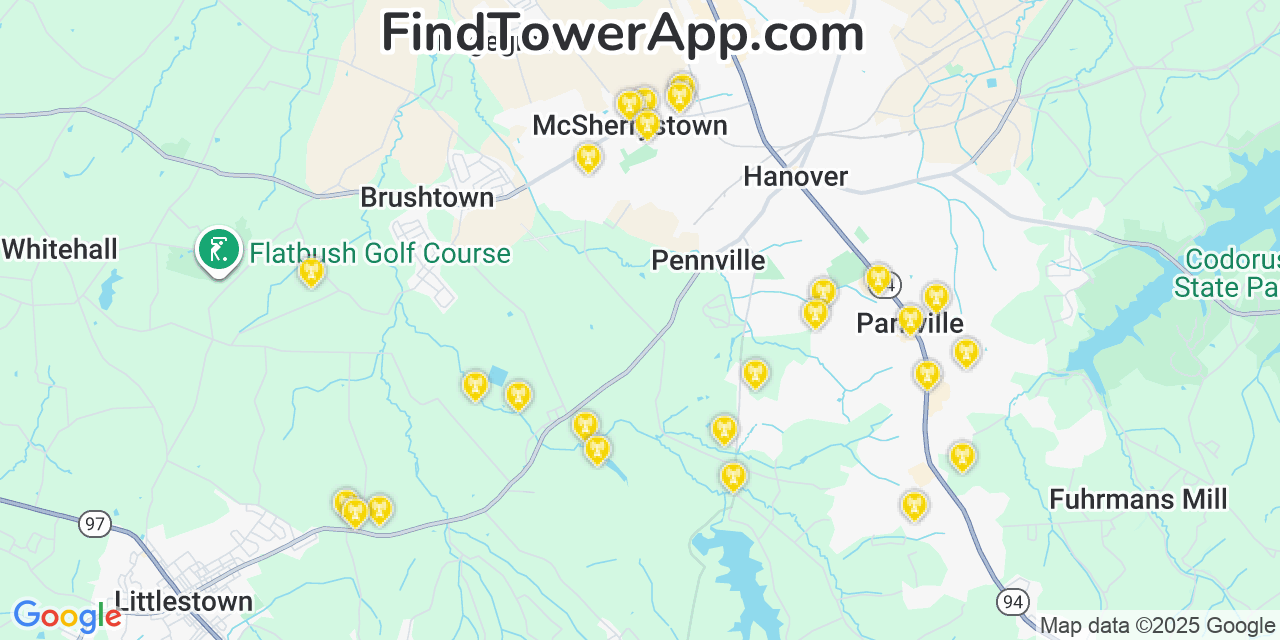 Map showing the 25 primary Verizon cell tower locations detected in Mcsherrystown, Pennsylvania with coverage radius and signal strength indicators