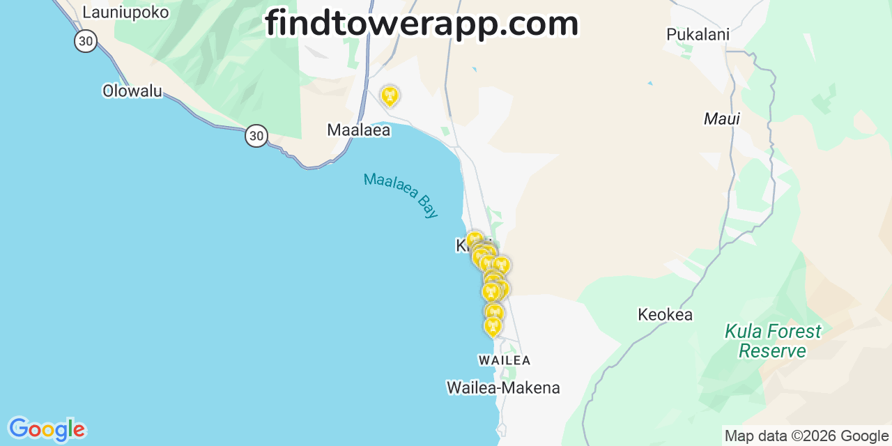 Map showing the 20 primary Verizon cell tower locations detected in Mдғili, Hawaii with coverage radius and signal strength indicators