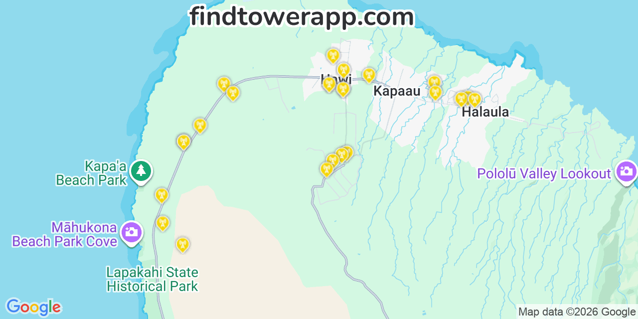 Map showing the 24 primary AT&T cell tower locations detected in Mдғkaha, Hawaii with coverage radius and signal strength indicators