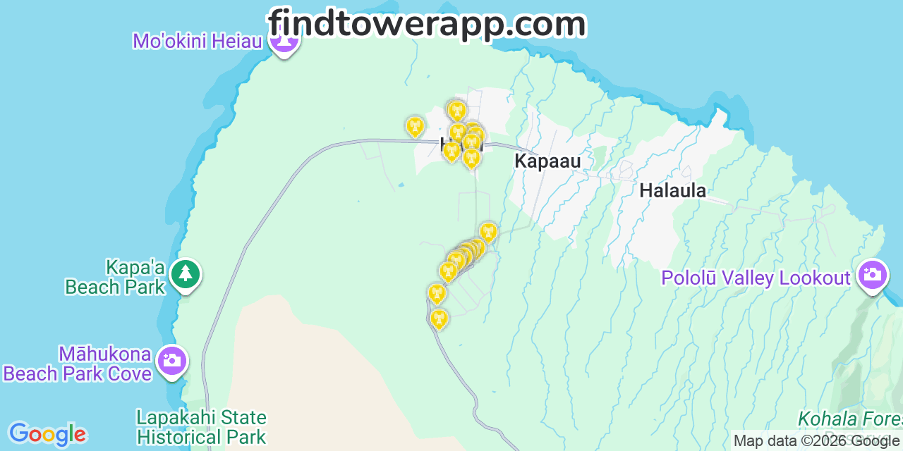 Map showing the 20 primary cell tower locations detected in Mдғkaha, Hawaii from AT&T, Verizon, and T-Mobile networks