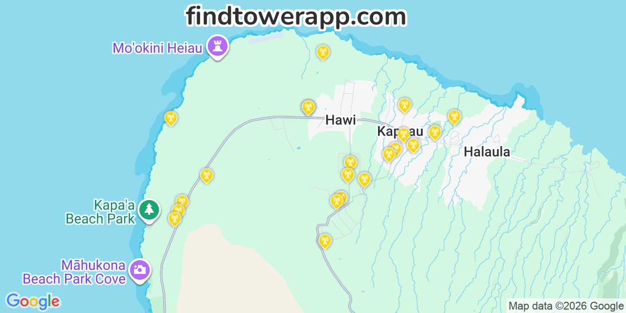 Map showing the 21 primary T-Mobile cell tower locations detected in Mдғkaha, Hawaii with coverage radius and signal strength indicators