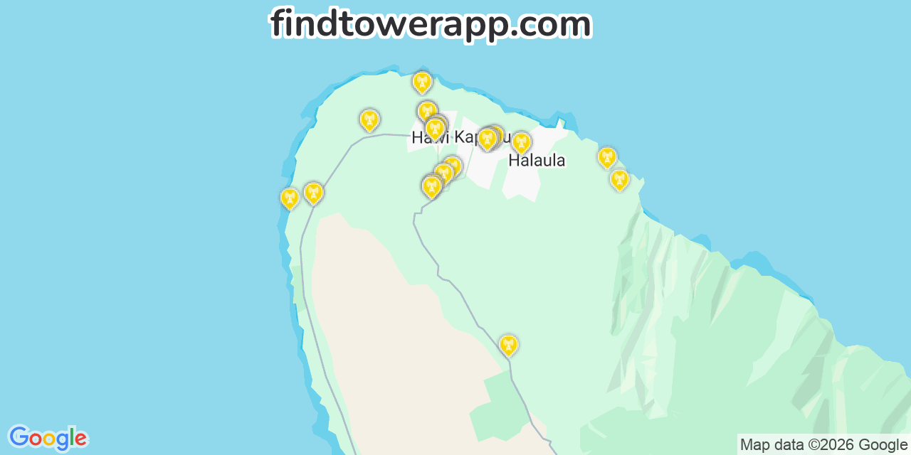 Map showing the 35 primary Verizon cell tower locations detected in Mдғkaha, Hawaii with coverage radius and signal strength indicators