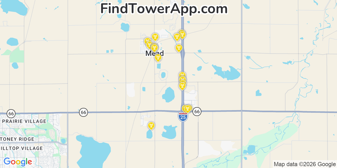 Map showing the 20 primary cell tower locations detected in Mead, Colorado from AT&T, Verizon, and T-Mobile networks